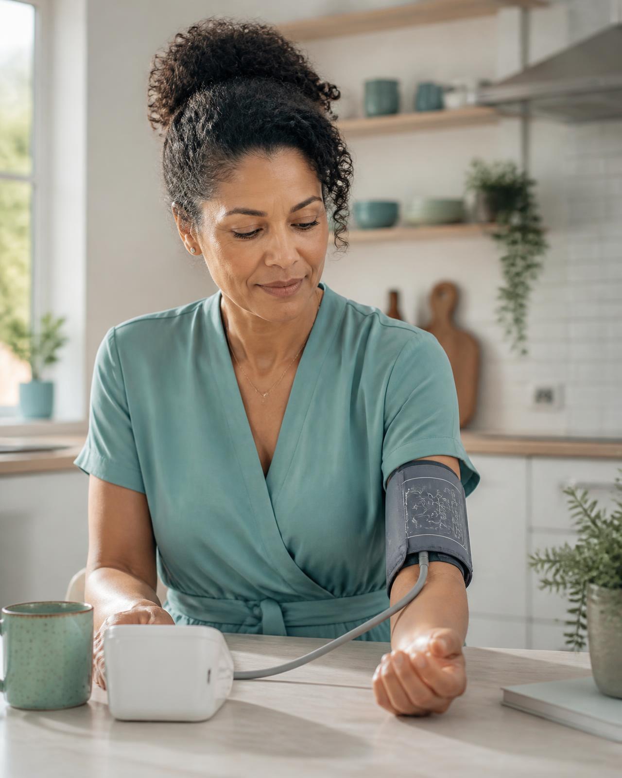 Woman measuring her blood pressure at home in a bright kitchen